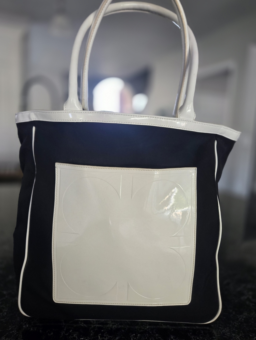 Liz Claiborne NY Black Canvas Tote White Patent Trim Large Shoulder Bag